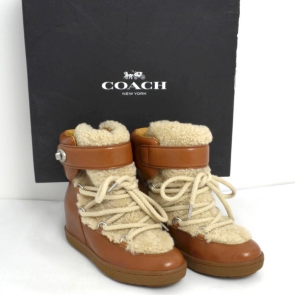 Authentic Coach Brown Leather Shearling Lace-Up Wedge Booties Boots 9 - Picture 1 of 12